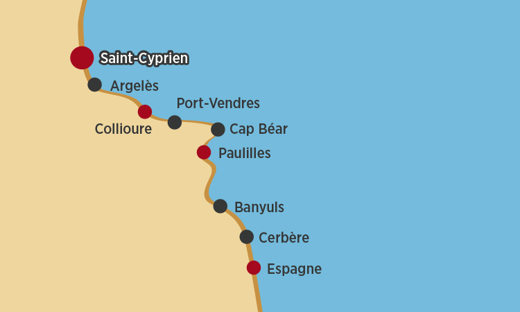 plan de la côte Vermeille dans les Pyrénées-Orientales de Saint-Cyprien à Collioure en passant par Argelès sur Mer